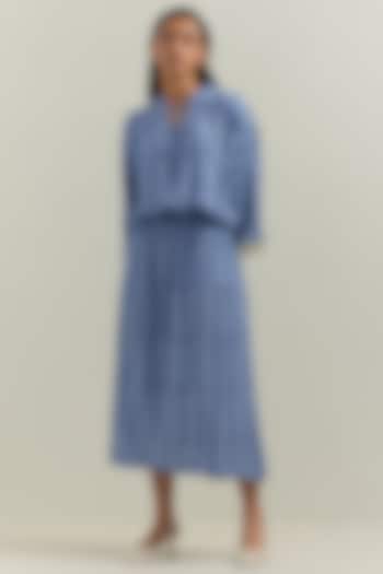 Blue Cotton & Rayon Block Printed Midi Dress by Shikha Malik