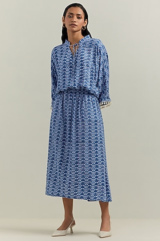 Blue Cotton & Rayon Block Printed Midi Dress by Shikha Malik
