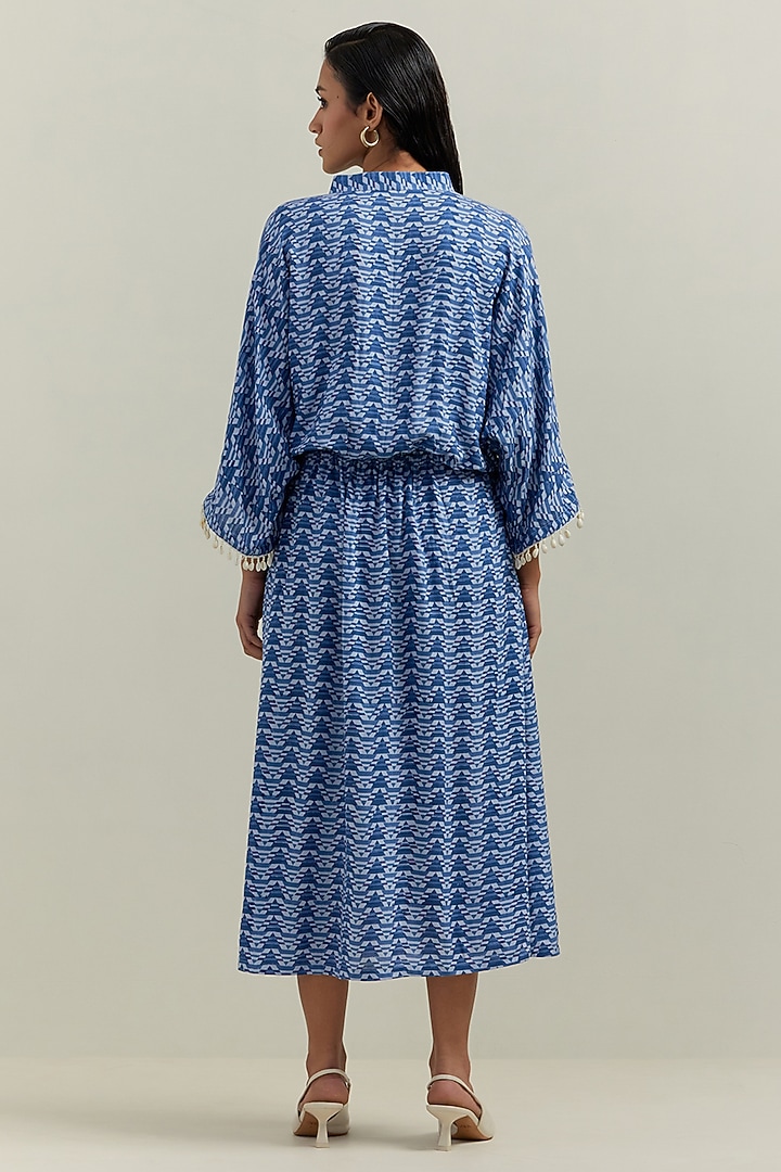 Blue Cotton & Rayon Block Printed Midi Summer Dress by Shikha Malik at Pernia's Pop Up Shop