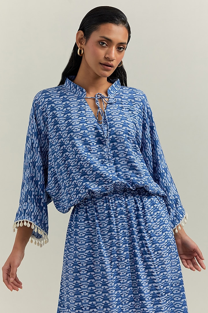 Blue Cotton & Rayon Block Printed Midi Summer Dress by Shikha Malik at Pernia's Pop Up Shop