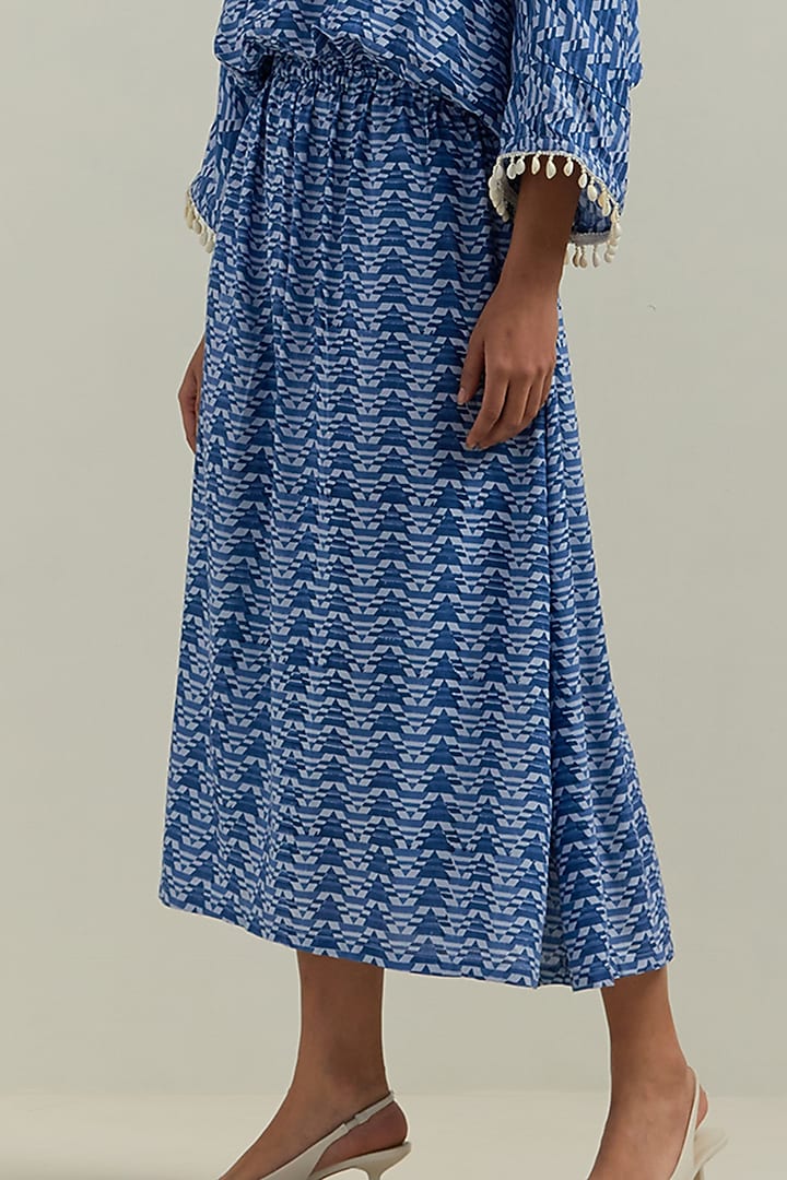 Blue Cotton & Rayon Block Printed Midi Summer Dress by Shikha Malik at Pernia's Pop Up Shop