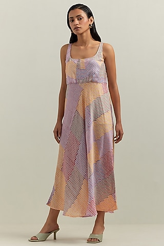 Multi-Colored Satin Blend Block Printed Dress by Shikha Malik