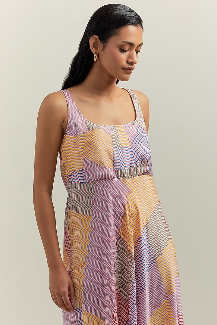 Multi-Colored Satin Blend Block Printed Summer Dress by Shikha Malik at Pernia's Pop Up Shop