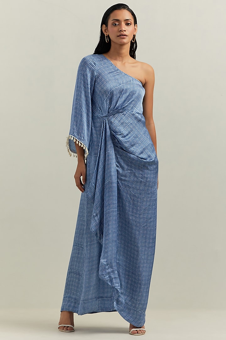 Blue Satin Blend Block Printed Dress by Shikha Malik