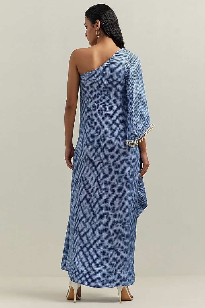 Blue Satin Blend Block Printed Summer Dress by Shikha Malik at Pernia's Pop Up Shop