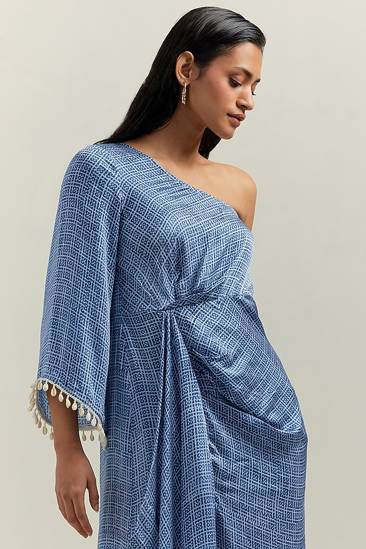 Blue Satin Blend Block Printed Summer Dress by Shikha Malik at Pernia's Pop Up Shop
