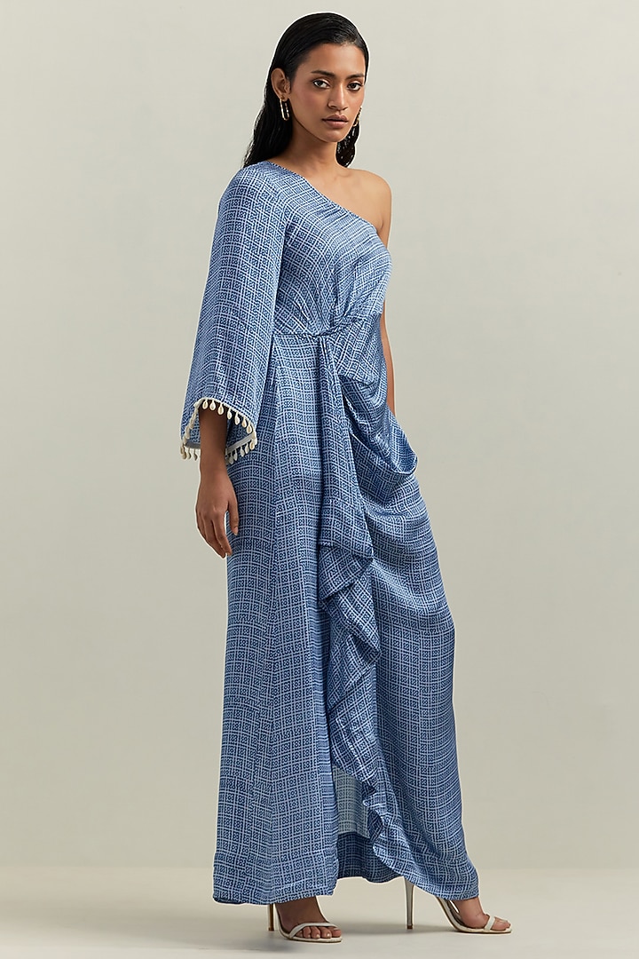 Blue Satin Blend Block Printed Summer Dress by Shikha Malik at Pernia's Pop Up Shop