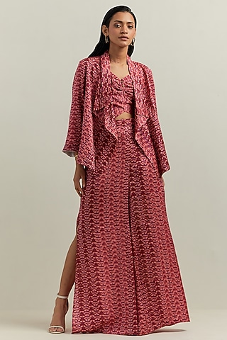 Peach Satin Blend Printed Co-Ord Set by Shikha Malik