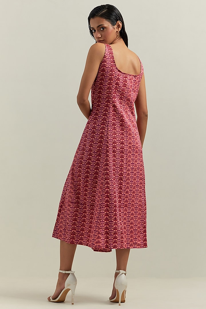 Peach Satin Blend Printed Midi Summer Dress by Shikha Malik at Pernia's Pop Up Shop