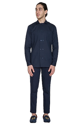 Navy Blue Double Breasted Shirt by Shikha Malik Men
