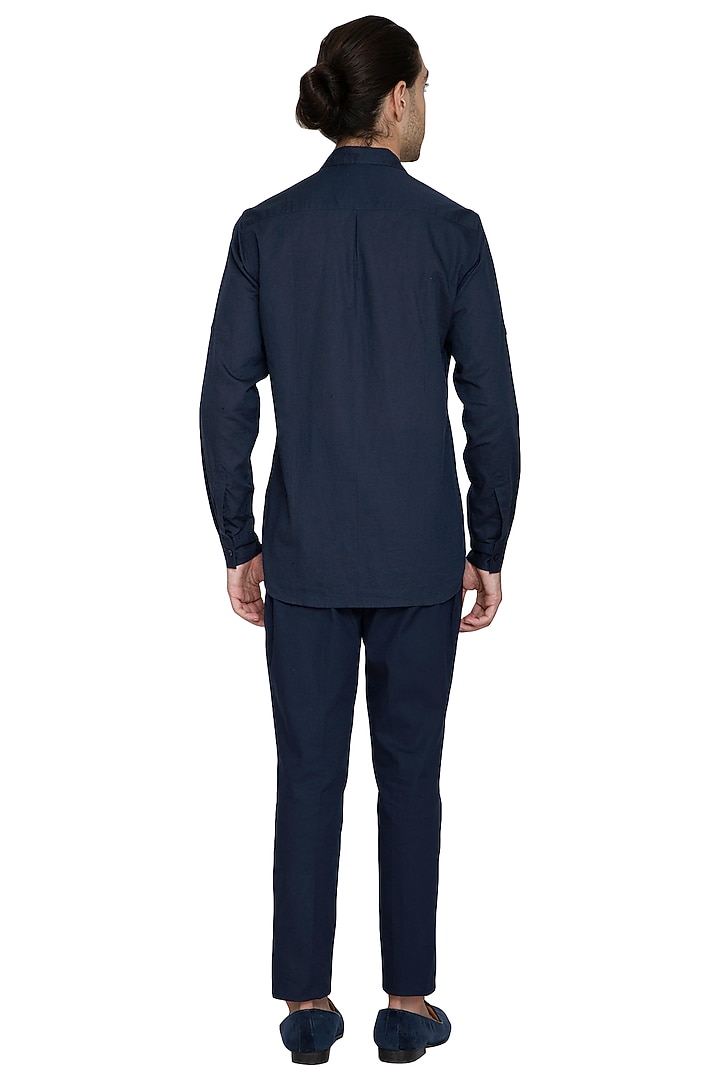 Navy Blue Double Breasted Party Wear Shirt by Shikha Malik Men at Pernia's Pop Up Shop
