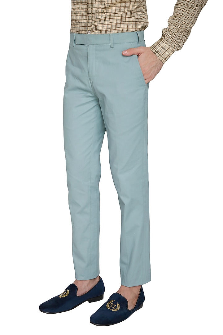Sky Blue Slim Fit Cotton Trouser Pants by Shikha Malik Men at Pernia's Pop Up Shop