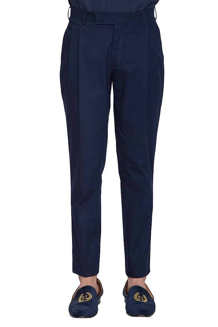 Navy Blue Pleated Trouser Pants by Shikha Malik Men at Pernia's Pop Up Shop