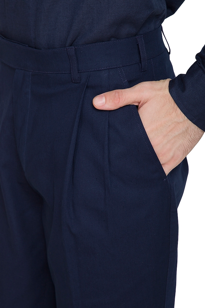 Navy Blue Pleated Trouser Pants by Shikha Malik Men at Pernia's Pop Up Shop