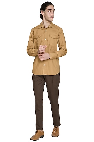 Brown Pleated Trouser Pants by Shikha Malik Men