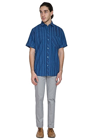 Cobalt Blue Block Printed Shirt by Shikha Malik Men