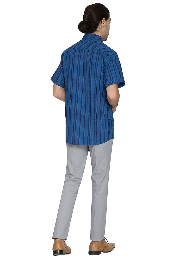 Cobalt Blue Block Printed Party Wear Shirt by Shikha Malik Men at Pernia's Pop Up Shop