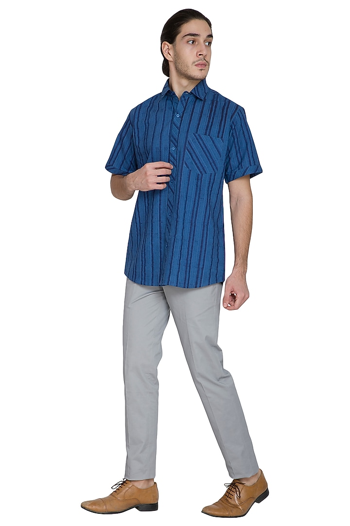 Cobalt Blue Block Printed Party Wear Shirt by Shikha Malik Men at Pernia's Pop Up Shop