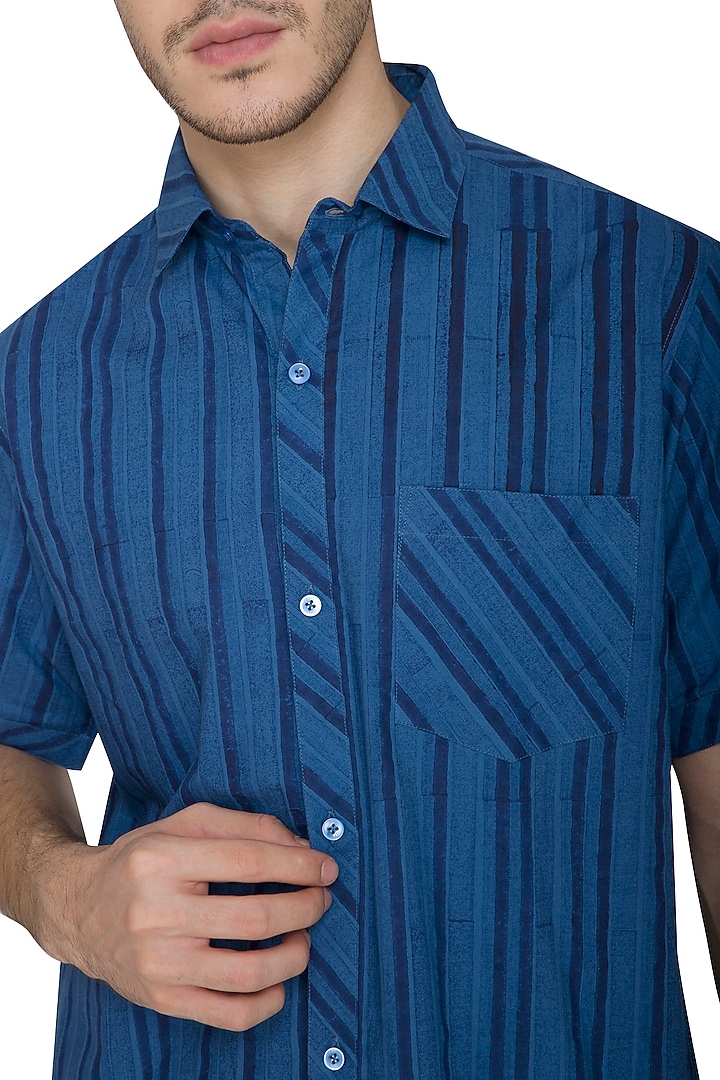 Cobalt Blue Block Printed Party Wear Shirt by Shikha Malik Men at Pernia's Pop Up Shop