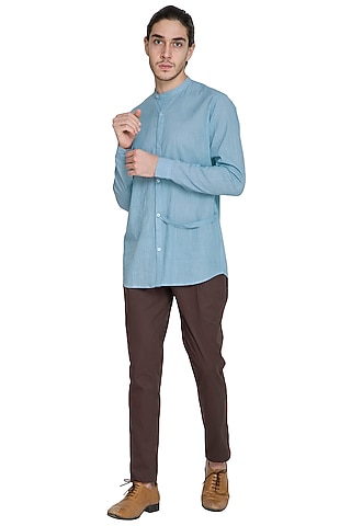 Sky Blue Chinese Collared Shirt by Shikha Malik Men