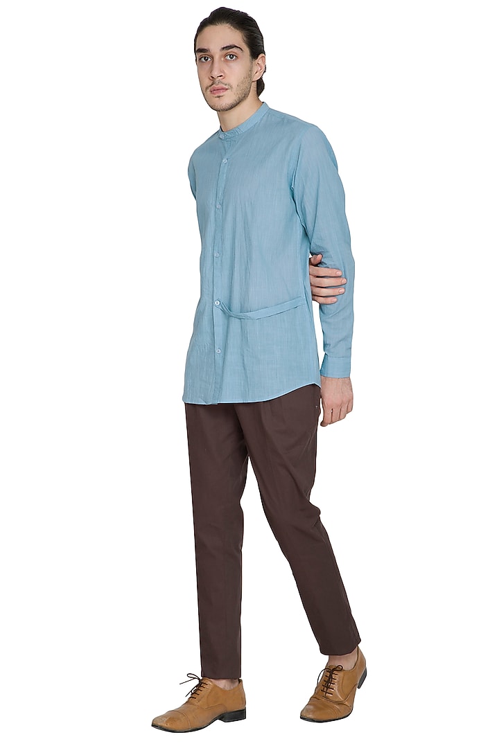 Sky Blue Chinese Collared Party Wear Shirt by Shikha Malik Men at Pernia's Pop Up Shop