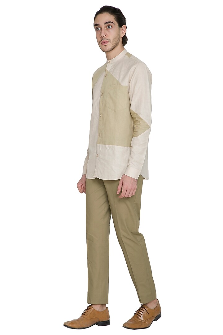 Nude Slim Fit Cotton Linen Party Wear Shirt by Shikha Malik Men at Pernia's Pop Up Shop