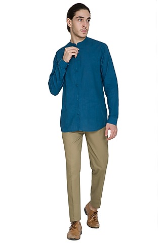 Cobalt Blue Kurta Style Shirt by Shikha Malik Men