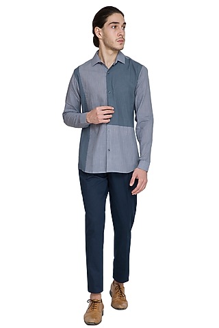 Grey Slim Fit Color Blocked Shirt by Shikha Malik Men