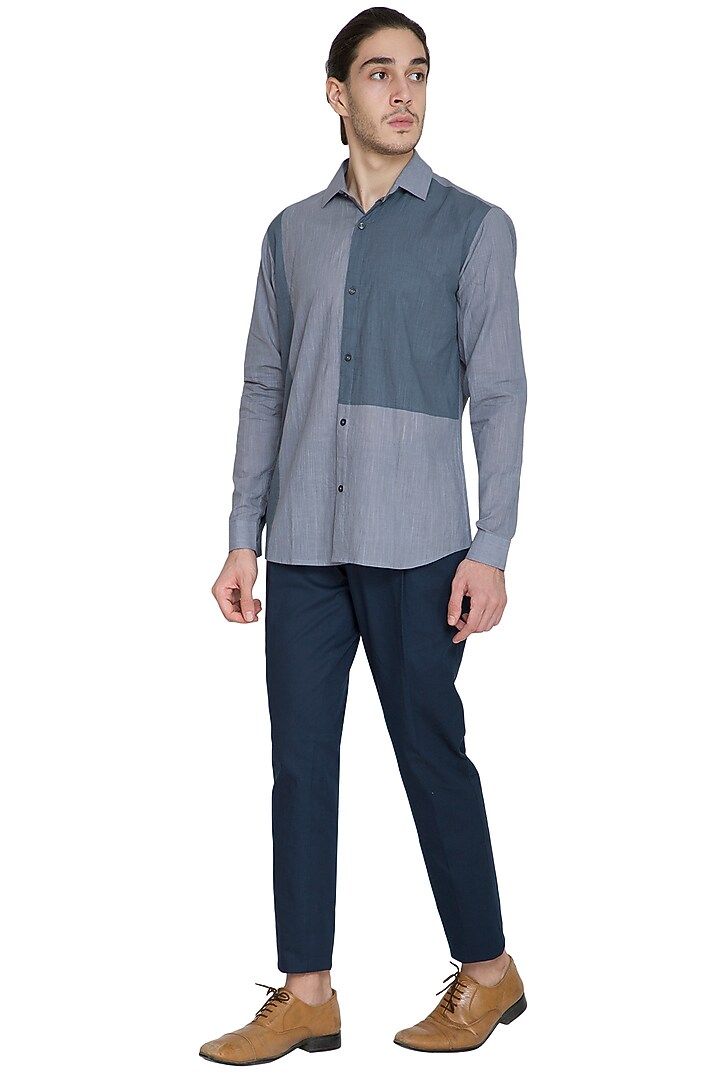 Grey Slim Fit Color Blocked Party Wear Shirt by Shikha Malik Men at Pernia's Pop Up Shop