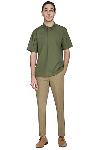 Dark Green Kurta Style Shirt by Shikha Malik Men