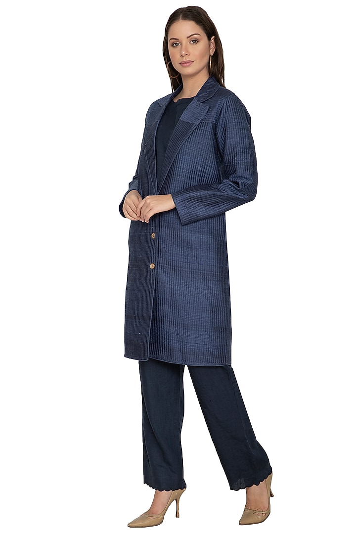Navy Blue Long Quilted Coat by Shikha Malik at Pernia's Pop Up Shop