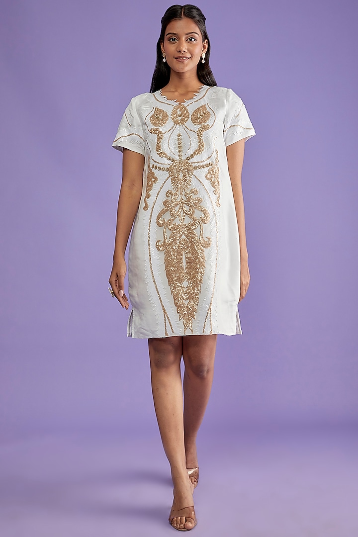 Gold & White Satin Embroidered Dress by Sk'n