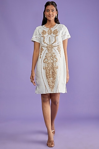 Gold & White Satin Embroidered Dress by Sk'n