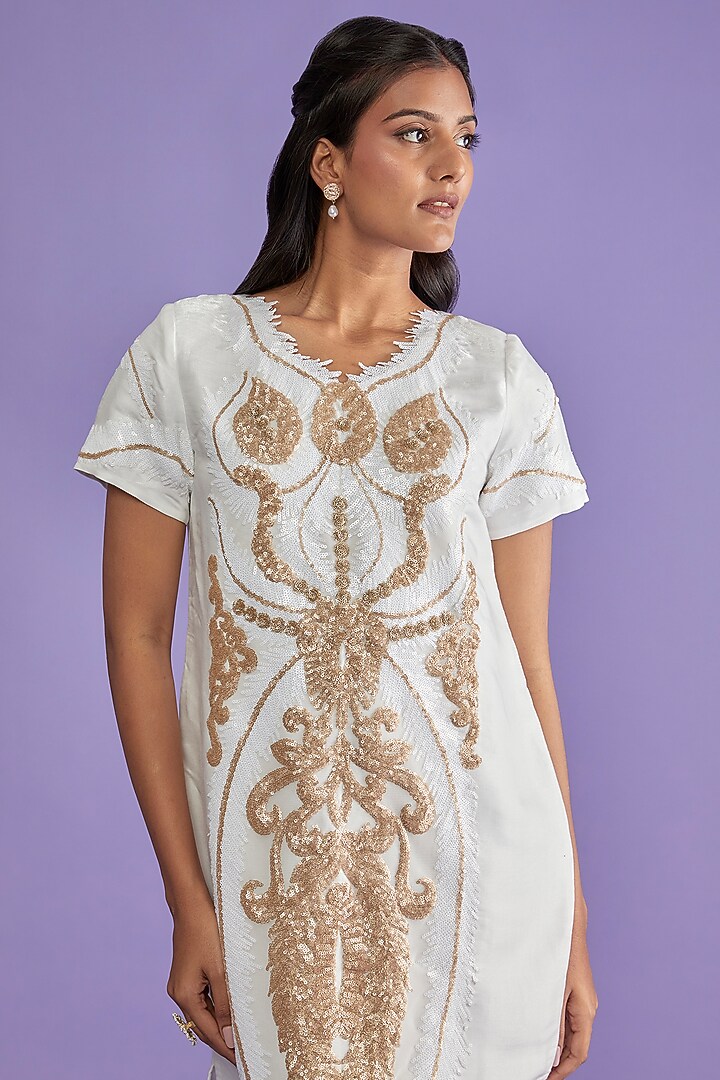 Gold & White Satin Embroidered Vacation Dress by Sk'n at Pernia's Pop Up Shop