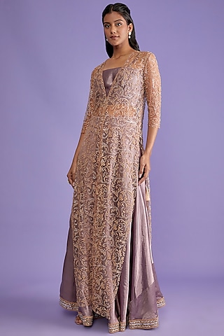 Purple & Gold Silk Embroidered Jacket Lehenga Set by Sk'n