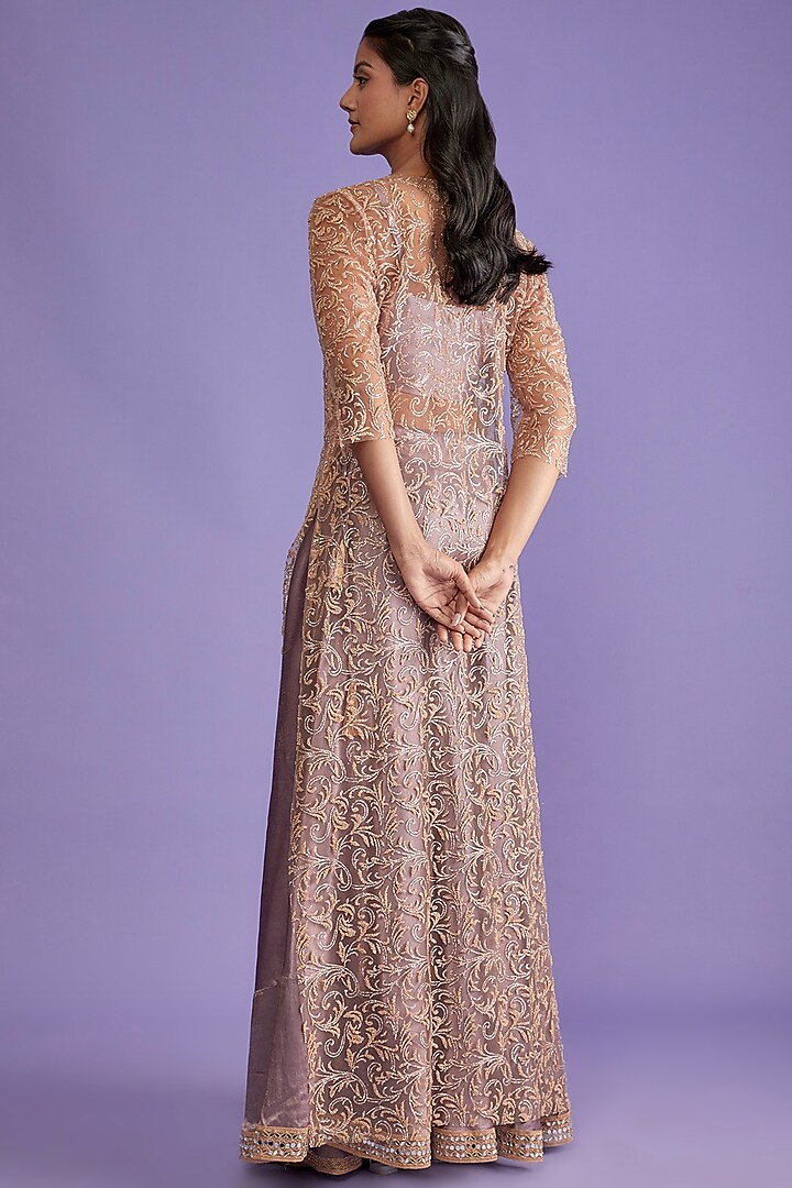 Purple & Gold Silk Embroidered Jacket Lehenga Set by Sk'n at Pernia's Pop Up Shop