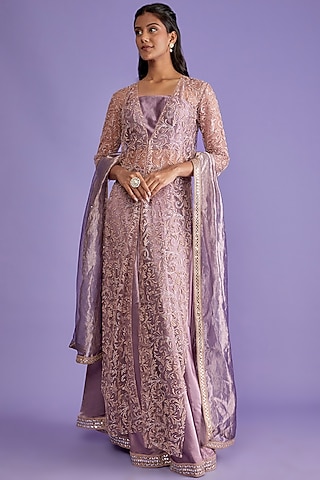 Purple & Gold Silk Embroidered Jacket Lehenga Set by Sk'n
