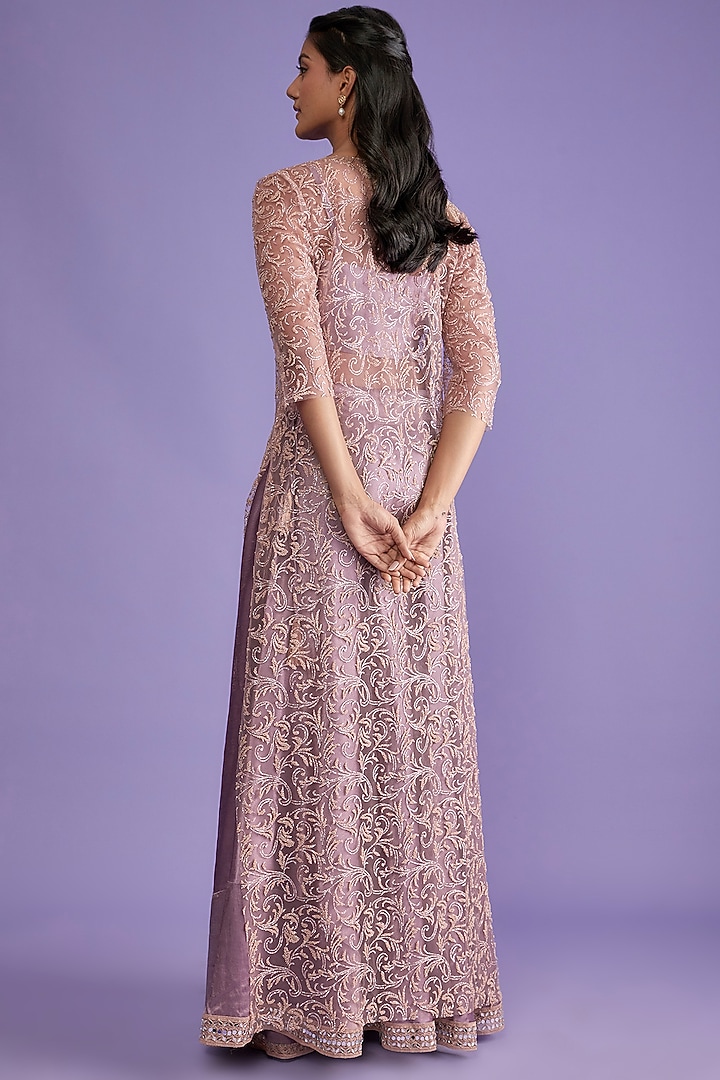 Purple & Gold Silk Embroidered Jacket Lehenga Set by Sk'n at Pernia's Pop Up Shop