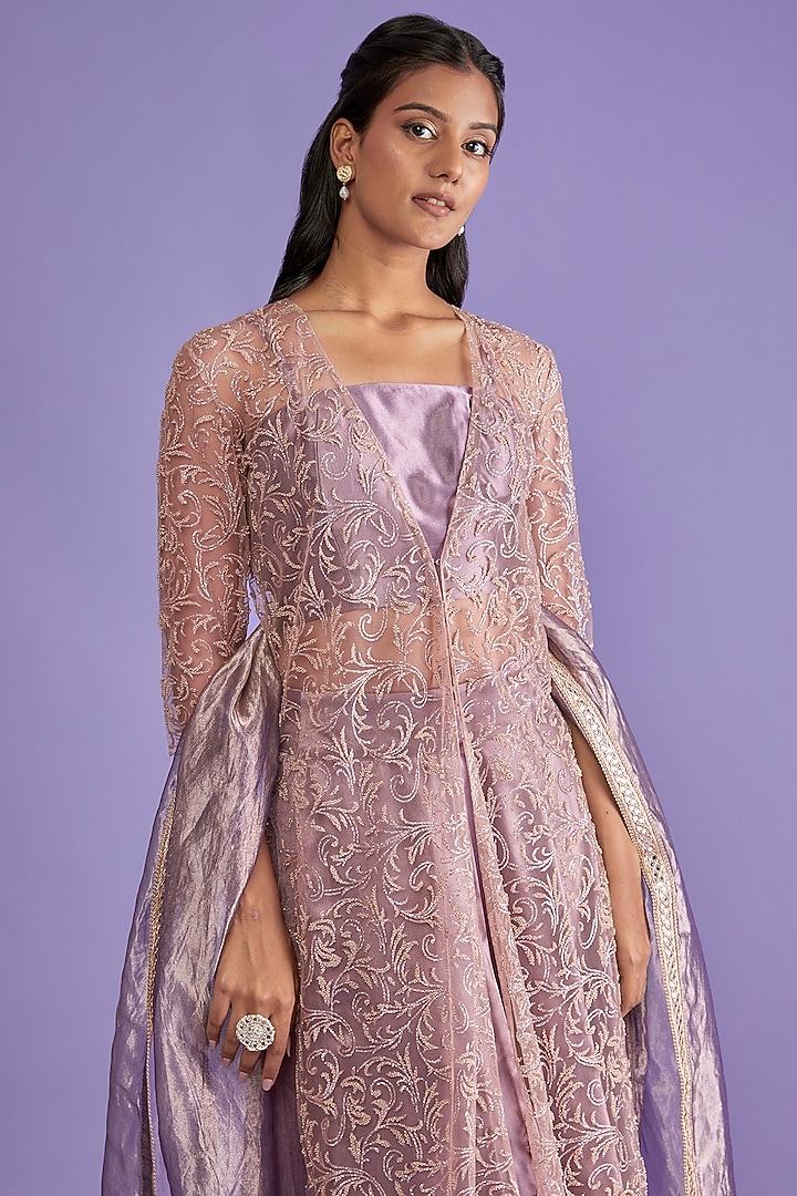 Purple & Gold Silk Embroidered Jacket Lehenga Set by Sk'n at Pernia's Pop Up Shop