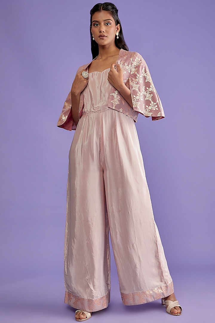 Mauve Crepe Flared Jumpsuit With Cape by Sk'n