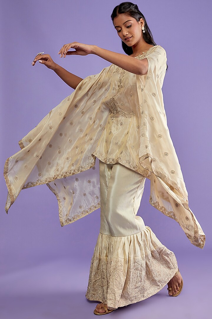 White & Gold Tissue Embroidered Cape Set by Sk'n