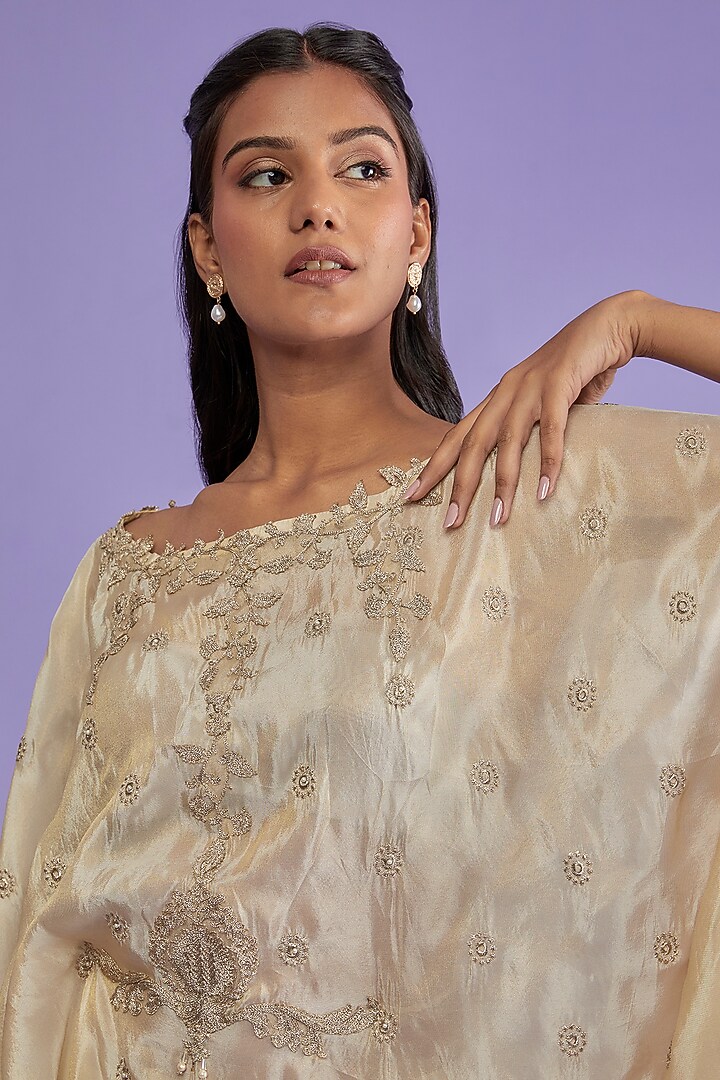 White & Gold Tissue Embroidered Cape Set by Sk'n at Pernia's Pop Up Shop