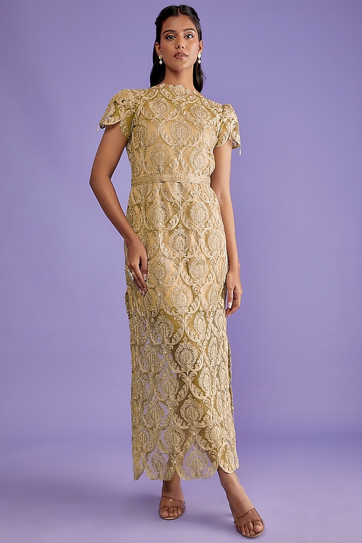 Gold Silk & Tulle Embroidered Jacket Dress by Sk'n