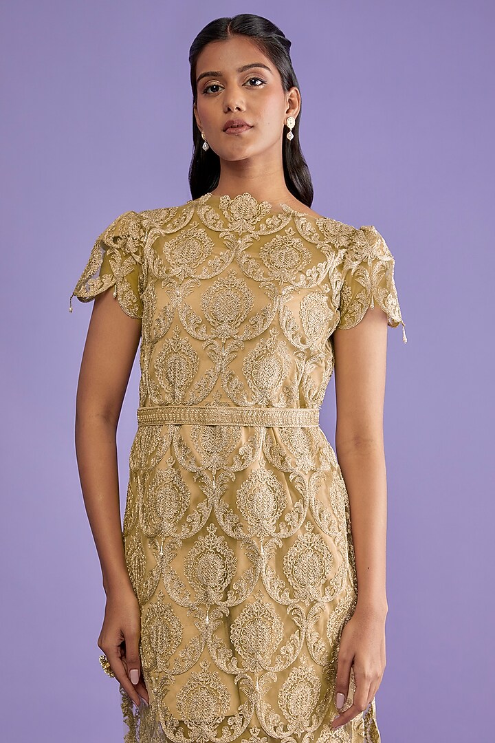 Gold Silk & Tulle Embroidered Jacket Vacation Dress by Sk'n at Pernia's Pop Up Shop