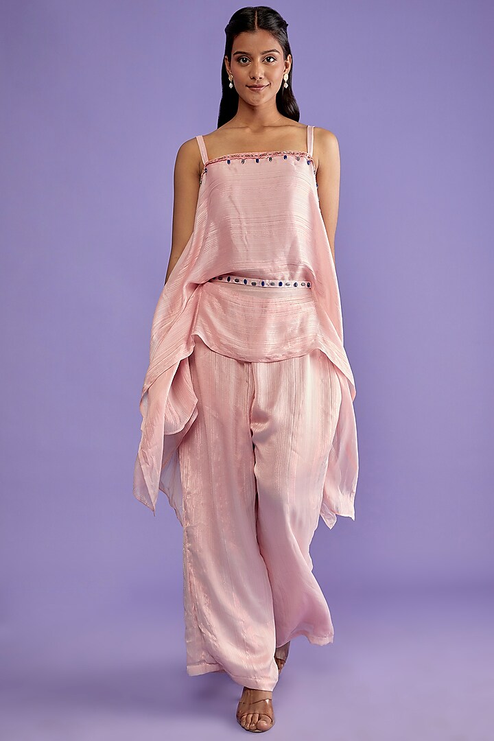 Pink Silk Embroidered Co-Ord Set by Sk'n