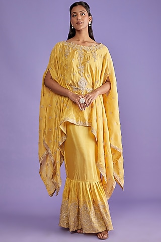 Yellow Tissue Crepe Sharara Skirt Set by Sk'n