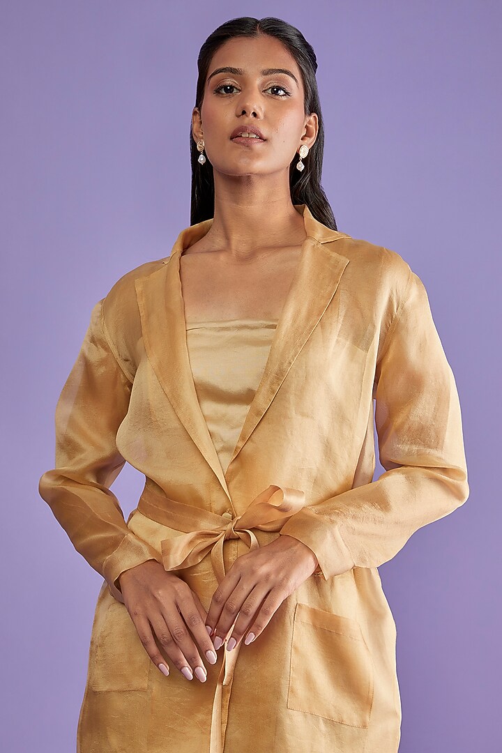 Beige Organza Trench Coat by Sk'n at Pernia's Pop Up Shop