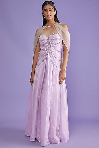 Lilac Jute Silk & Tulle Draped Gown by Sk'n