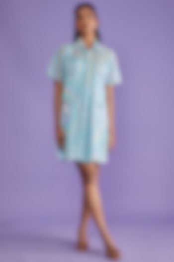 Aqua Holographic Latex Shirt Dress by Sk'n
