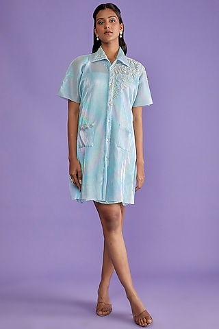 Aqua Holographic Latex Shirt Dress by Sk'n